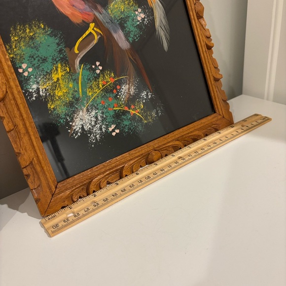 Vintage Mexican feather art bird paintings carved wood frames SET OF TWO 12X10 - Picture 13 of 14